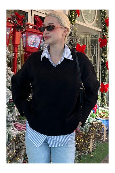 LC Waikiki Nevavm Black V-Neck Oversize Women's Knitwear Sweater Mg2149