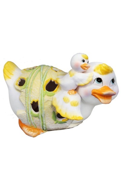 Goliat Suport lumânare, figurină rață ceramică cu rățușcă, verde, 17x11x12.5cm