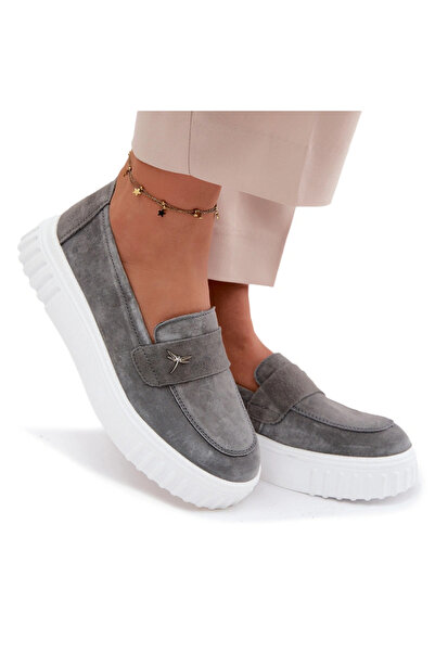 Vinceza Leather Suede Women's Platform Loafers Slip-On 93218 Dark Gray 40