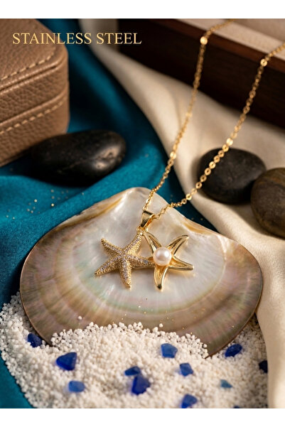 stainless steell 316L Steel Chain Gold Color Sea Star Model Zircon Stone Neck...