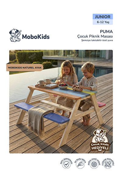 mobokids Çocuk Piknik Masa Bank Puma Çok Renkli Masif Ahşap 4 kişilik Junior ...