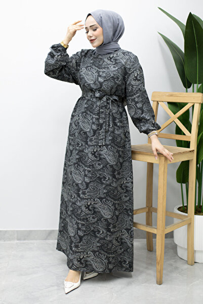 Tesettür Dünyası Crew Neck Shawl Patterned Dress Tsd260208 Black