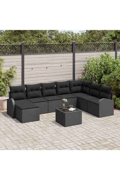 vidaxl Set de canapele pentru gradina cu perna 9 pcs Negru Rattan poli