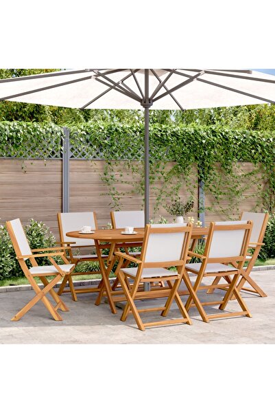 vidaxl Set mobilier de gradina 7 piese textil alb crem/lemn masiv