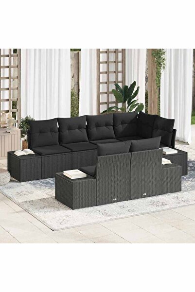 vidaxl Set de canapele pentru gradina cu perna 7 pcs Negru poliratan