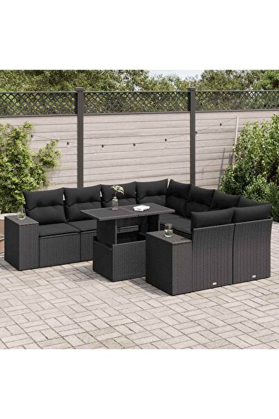 vidaxl Set mobilier de gradina cu perne, 9 piese, negru, poliratan