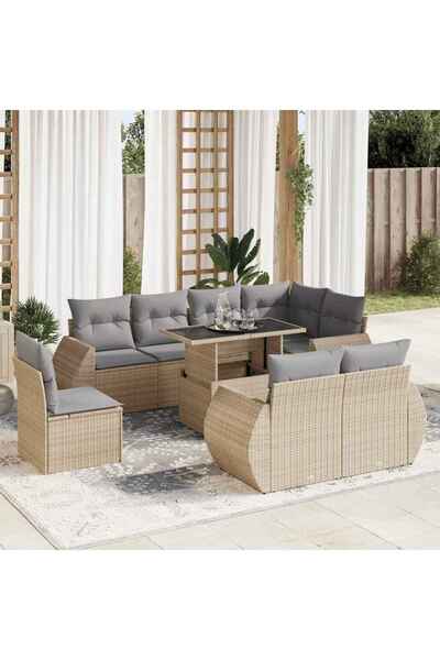 vidaxl Set canapele de gradina, 9 piese, cu perne, bej, poliratan