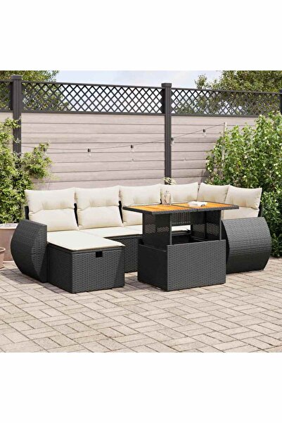 vidaxl Set mobilier gradina perne 8 piese negru, poliratan/lemn acacia