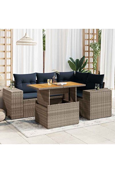 vidaxl Set canapea de gradina cu perne, 5 piese, gri, poliratan