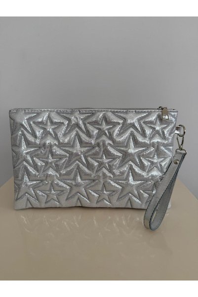 melecco Star Stitched Clutch Star Women's Bag Silvery Metallic Star Patterned Gold Shiny Portfolio & Clutch Bag with Removable Wrist Strap