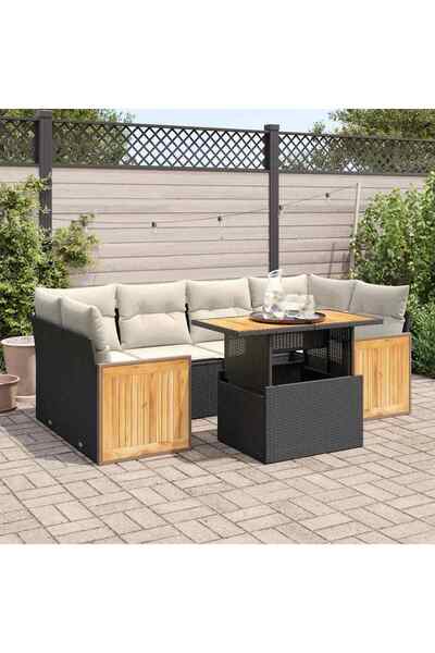 vidaxl Set canapele gradina perne 7 piese negru, poliratan/lemn acacia