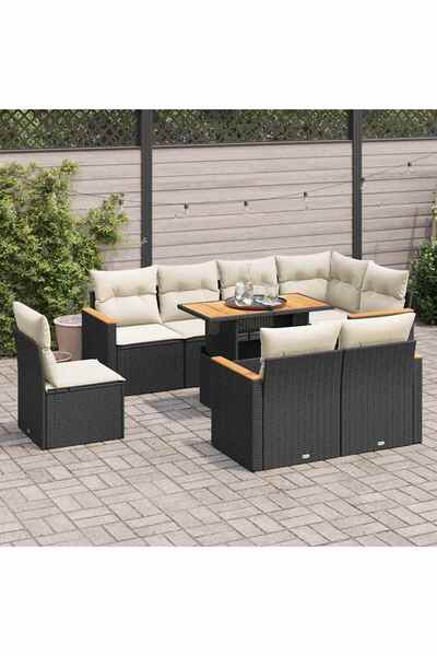 vidaxl Set mobilier gradina perne 9 piese negru poliratan/lemn acacia