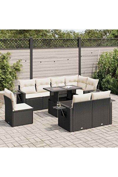 vidaxl Set mobilier de gradina cu perne, 9 piese, negru, poliratan