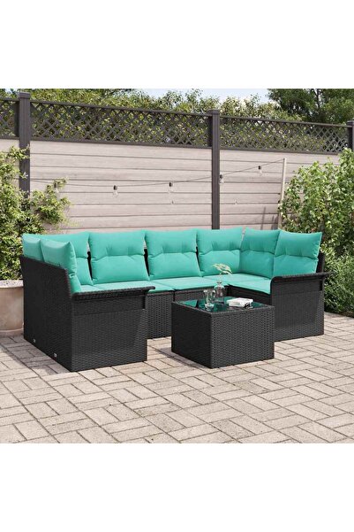 vidaxl Set de canapele pentru gradina cu perna 7 pcs Negru poliratan