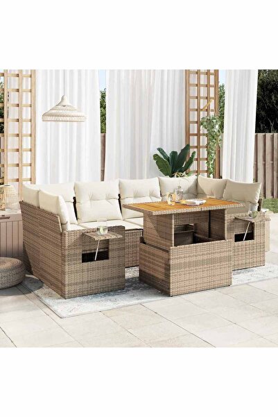 vidaxl Set canapele de gradina, 7 piese, cu perne, bej, poliratan