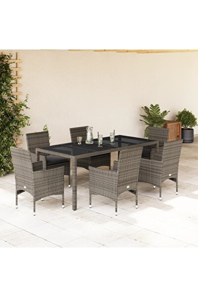 vidaxl Set mobilier de gradina cu perne 7 piese gri poliratan & sticla