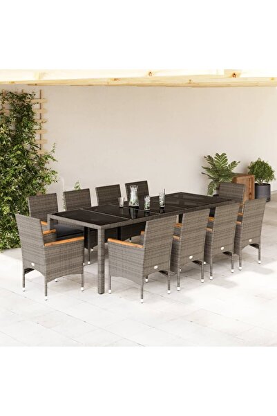 vidaxl Set mobilier de gradina cu perne 11 piese gri poliratan&sticla