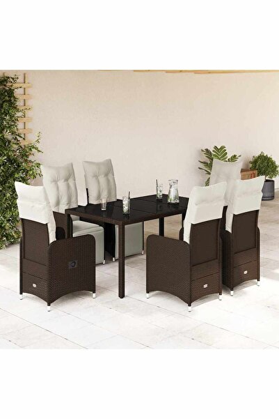 vidaxl Set bistro de gradina cu perne, 7 piese, maro, poliratan