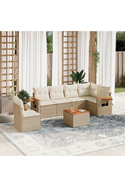 vidaxl Set canapele de gradina, 7 piese, cu perne, bej, poliratan