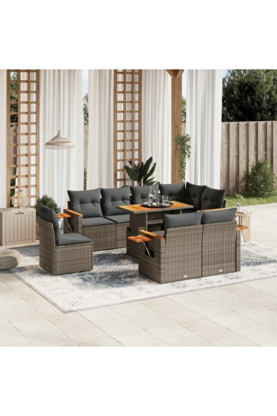 vidaxl Set canapele de gradina, 9 piese, cu perne, gri, poliratan