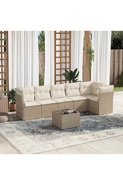 vidaxl Set canapele de gradina, 7 piese, cu perne, bej, poliratan