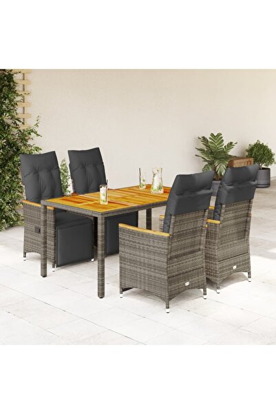 vidaxl Set bistro de gradina cu perne, 5 piese, gri, poliratan