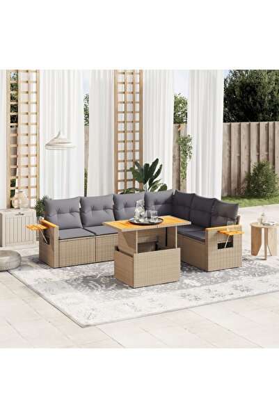 vidaxl Set canapele de gradina, 7 piese, cu perne, bej, poliratan
