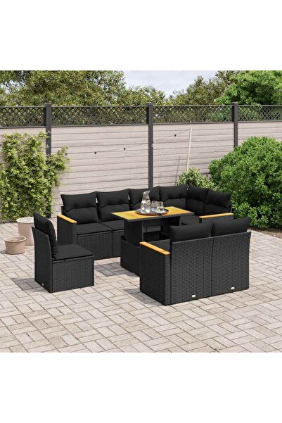 vidaxl Set mobilier de gradina cu perne, 9 piese, negru, poliratan