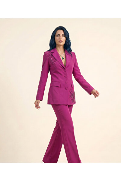 Asimetrik Kristal Burst İşlemeli Tailored Magenta Blazer Ceket Ve Pantolon Takım Amati