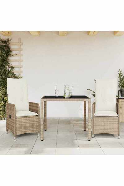 vidaxl Set bistro de gradina, 3 piese, cu perne, bej, poliratan