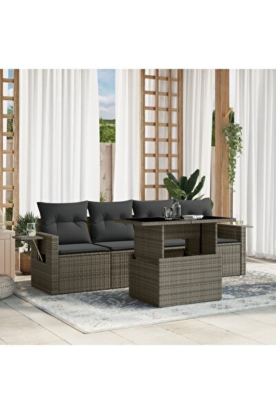 vidaxl Set canapea de gradina cu perne, 5 piese, gri, poliratan