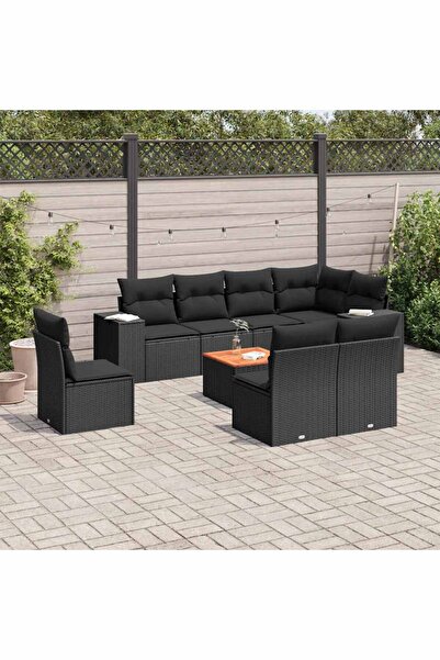 vidaxl Set mobilier de gradina cu perne, 9 piese, negru, poliratan