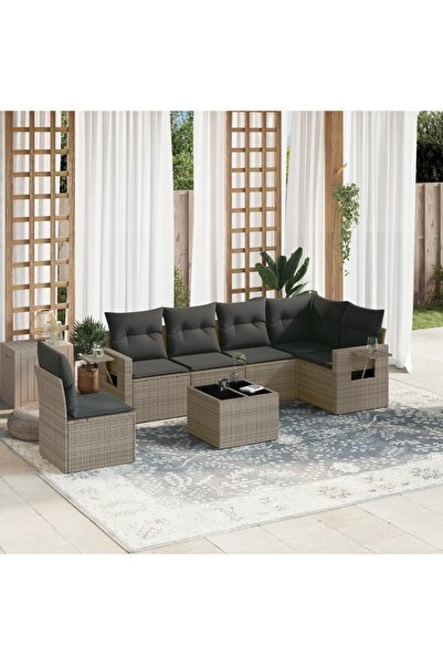 vidaxl Set canapele de gradina, 7 piese, cu perne, gri, poliratan