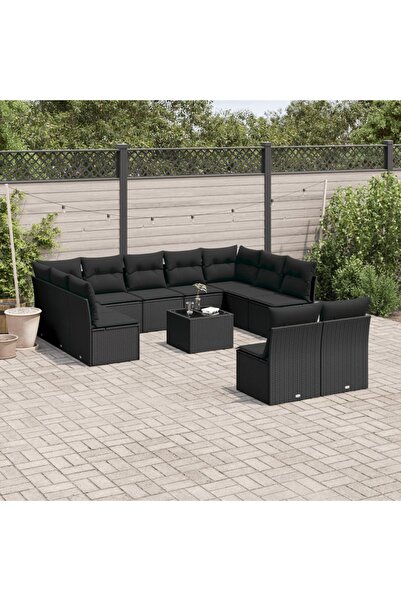 vidaxl Set canapele de gradina, 12 piese, cu perne, negru, poliratan
