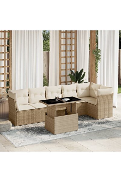 vidaxl Set canapele de gradina, 7 piese, cu perne, bej, poliratan