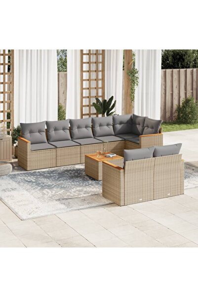 vidaxl Set canapele de gradina, 9 piese, cu perne, bej, poliratan