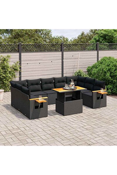 vidaxl Set canapele de gradina cu perne, 10 piese, negru, poliratan