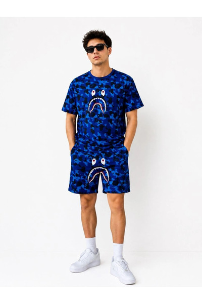 Asmedo طقم شورت رجالي كبير الحجم مطرز بجيوب من Pubg Bape X Shark - أزرق