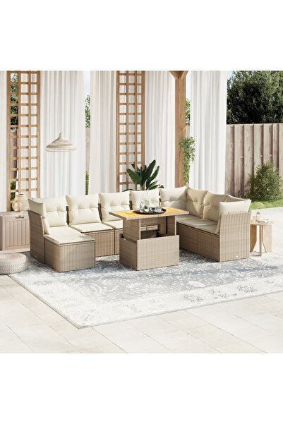 vidaxl Set canapele de gradina, 9 piese, cu perne, bej, poliratan