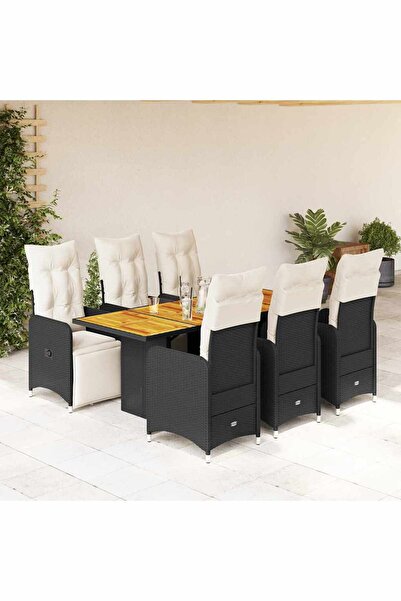 vidaxl Set bistro de gradina, 7 piese, cu perne, negru, poliratan