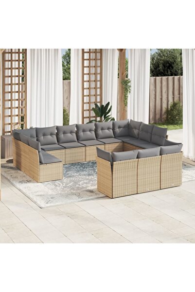 vidaxl Set canapele de gradina, 13 piese, cu perne, bej, poliratan