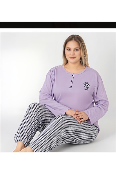 Ercan Women's Plus Size Lilac Black Short Sleeve Combed Cotton Pajama Set