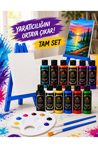 Artzone Masaüstü Akrilik Boya Seti 12 Renk + 2 Fırça + Palet + Şövale + Tuval
