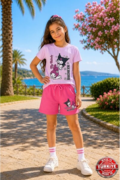 Kidsmadamiko Kuromi Printed Girls' Shorts T-Shirt Set - 100% Cotton Summer To...