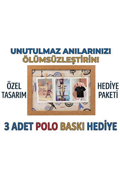 ZEAYSHOP Ahşap Mandallı Anı Panosu Çerçevesi + 3 Polo Baskı Fotoğraf Hediye