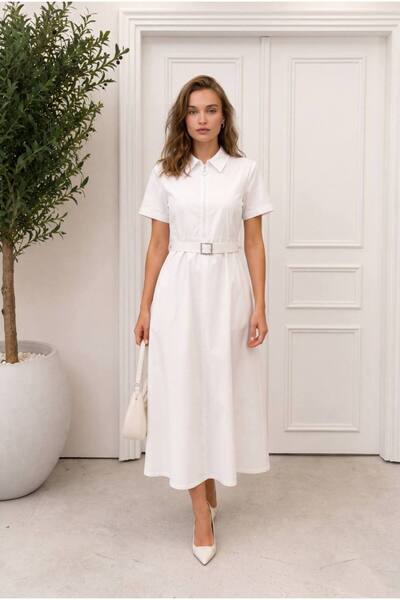 Auroveen Basic Zipper Detailed Polo Collar Short Sleeve Midi Dress Av1625