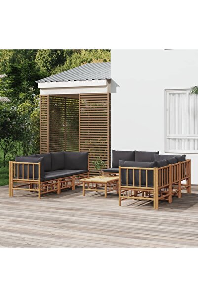 Concept Set mobilier de grădină cu perne gri închis, 9 piese, bambus