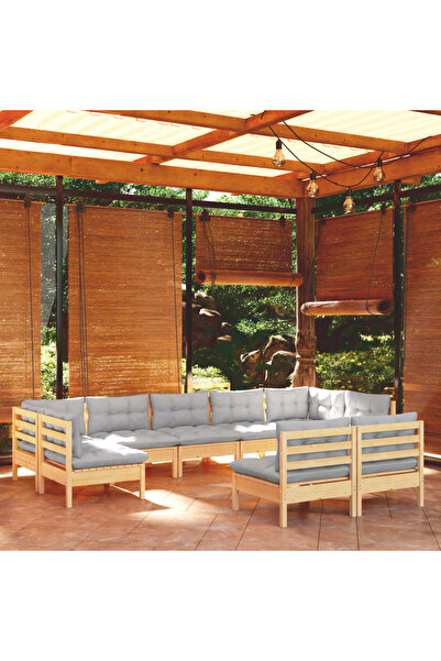 vidaxl Set mobilier de gradina cu perne gri, 9 piese, lemn masiv pin