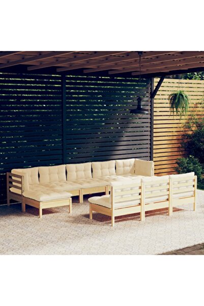 vidaxl Set mobilier gradina cu perne crem, 10 piese, lemn de pin