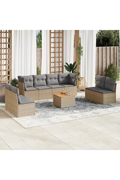 vidaxl Garden sofa set, 9 pieces, with cushions, beige, polyrattan